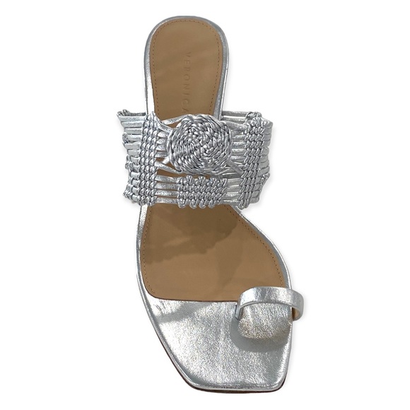 VERONICA BEARD Woven Crochet Leather Heeled Sandals, Silver, Size 6 - Picture 2 of 7